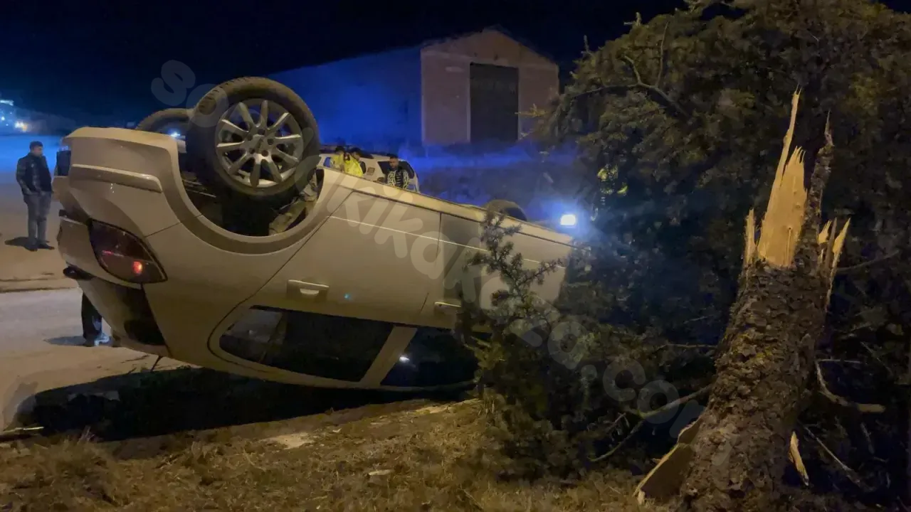 Trafik kazası Tavşanlı'da meydana geldi, araç ağaca çarptı ve takla attı.