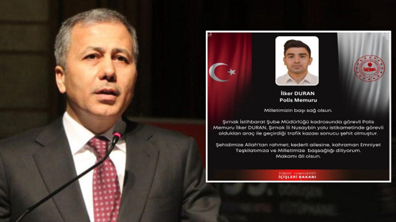 Bakan Yerlikaya'dan trafik kazasında şehit olan polis için taziye