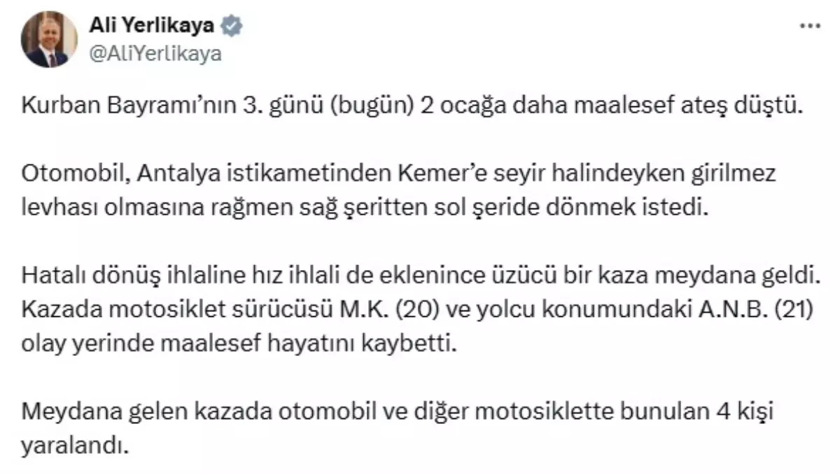 Antalya'da Kaza Sonucu İki Motosiklet Sürücüsü Hayatını Kaybetti