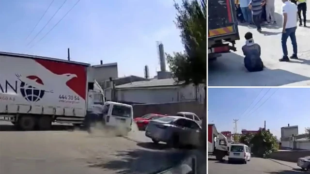 Trafikte korkunç olay: Kamyon araca çarptı ve metrelerce sürüklendi.