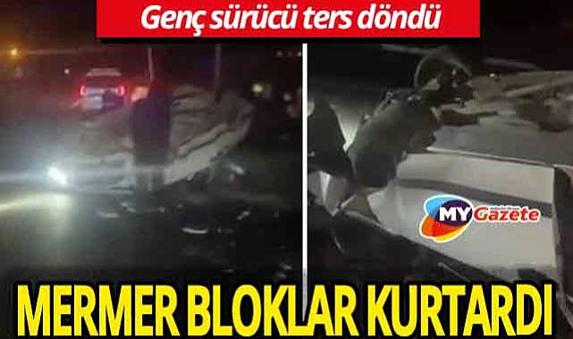 Alanya'da araba, mermer bloklara çarptı ve devrildi.