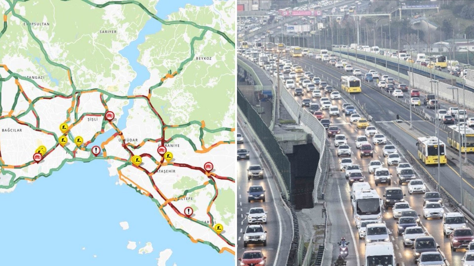 İstanbul trafiğinde yüzde 70'i aşan yoğunluk, ardı ardına gelen kazalar nedeniyle ulaşımı felç etti.