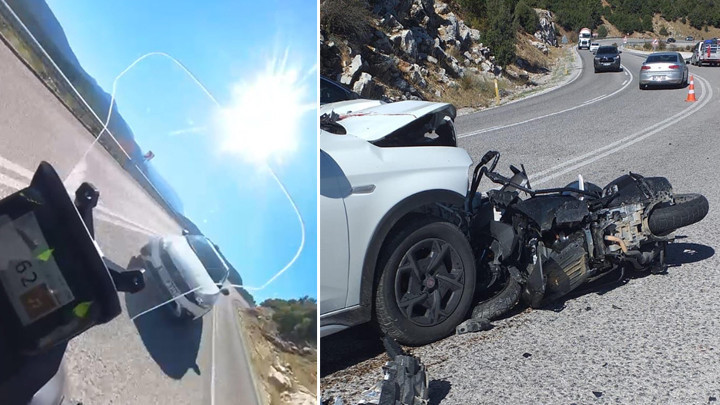 Kask kamerası, motosiklet sürücüsünün hayatını kaybettiği trajik kaza anını kaydetti.