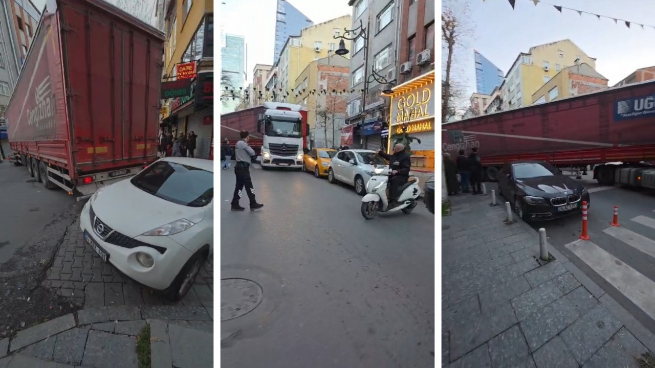 TIR'ın manevrası mahalleyi sarsıldı: Park halindeki araçları vurdu.