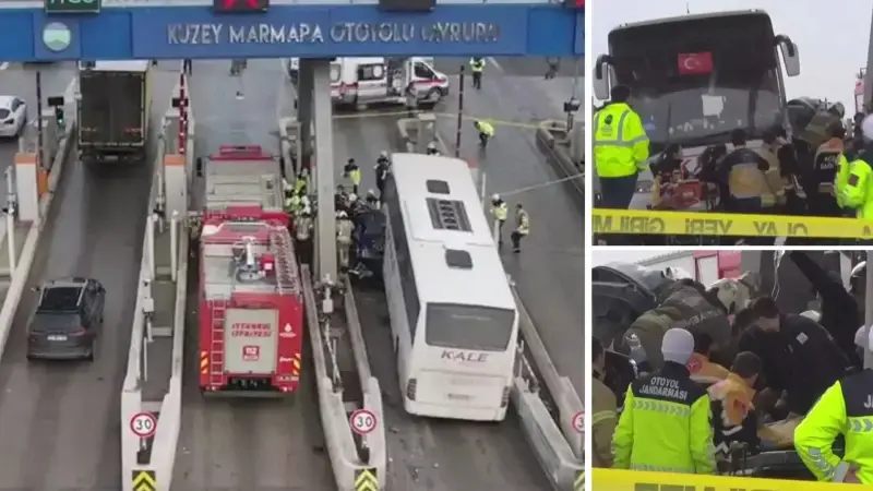 Kuzey Marmara Otoyolu'nda trajik kaza: Gişede sıkışan otomobile otobüs çarptı, 2 kişi hayatını kaybetti.