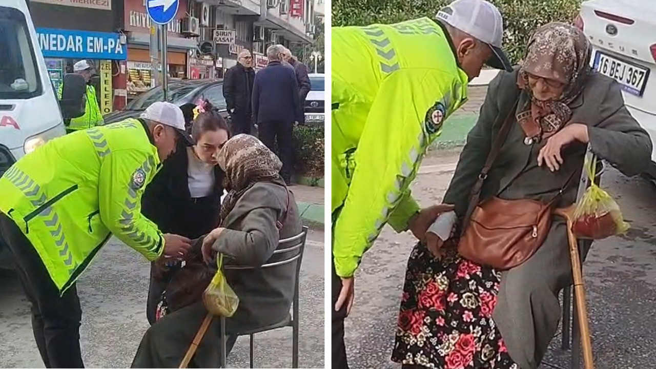 Trafik polisi, kadının elini ambulans varana kadar tuttu.