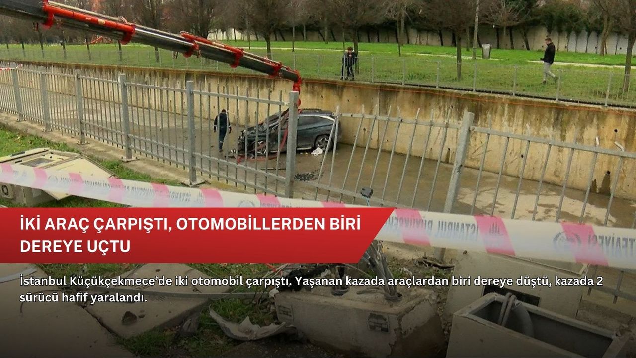 İki araç çarpıştı, otomobillerden biri dereye uçtu