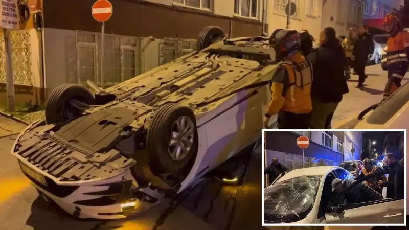 Üsküdar'da park halindeki 3 araca çarpan otomobil takla attı: 1 yaralı