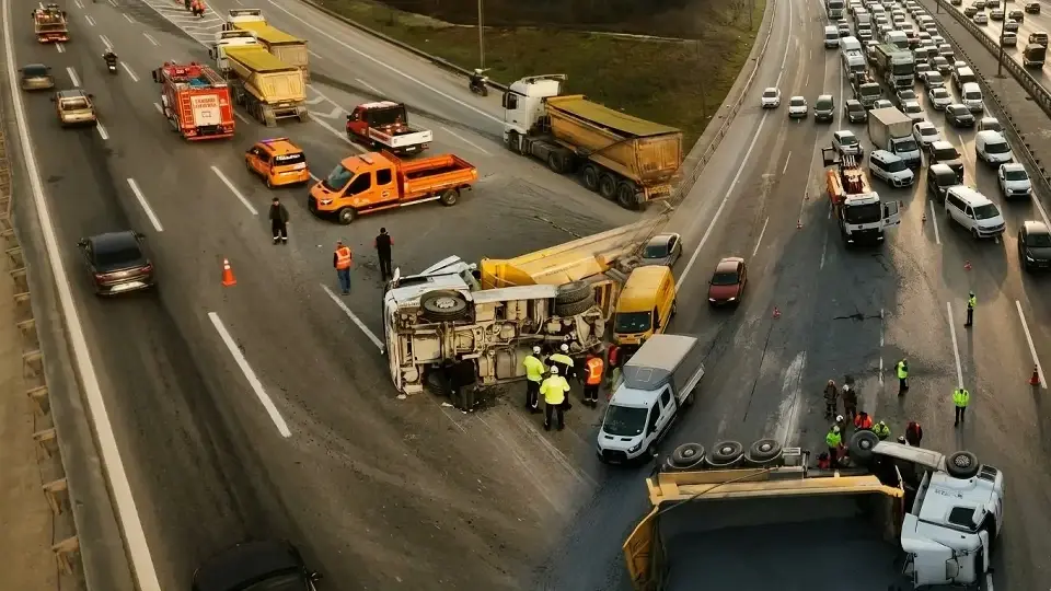 İstanbul TEM Edirne İstikametinde Kamyon Kazası Trafiği Durdurdu
