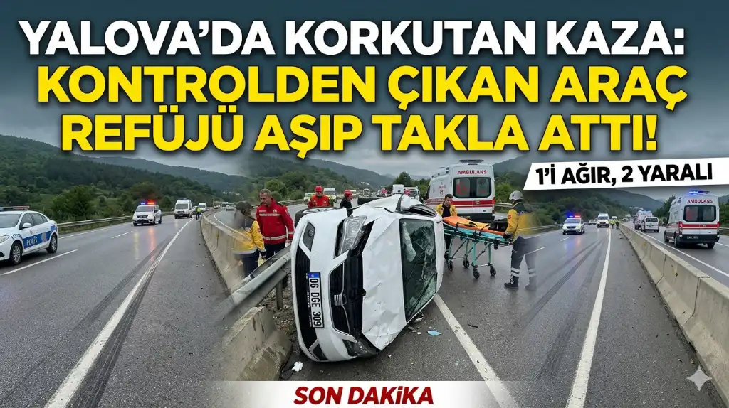 Yalova’da Korkutan Kaza: Kontrolden Çıkan Araç Refüjü Aşıp Takla Attı!