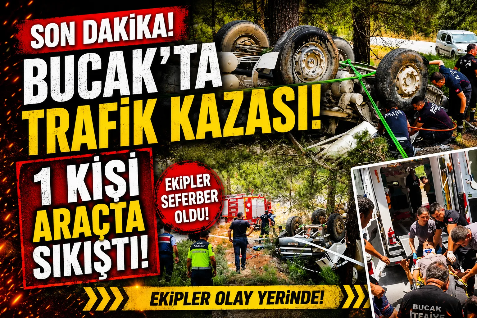 BUCAK’TA TRAFİK KAZASI: 1 KİŞİ ARAÇ İÇERİSİNDE SIKIŞTI